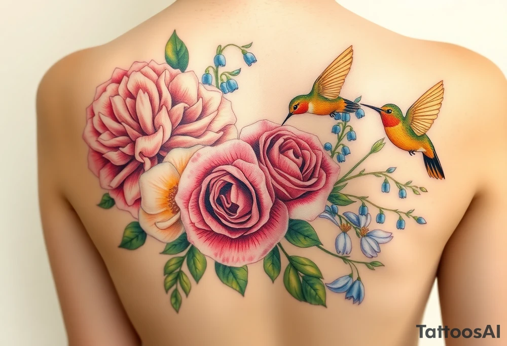 Bouquet of flowers with watercolors carnation, rose, Lily of the valley, delphinium with stems Starting upper middle back to right shoulder With orange humming bird feeding on rose.  Soft tones tattoo idea