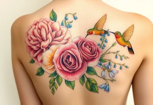 Bouquet of flowers with watercolors carnation, rose, Lily of the valley, delphinium with stems Starting upper middle back to right shoulder With orange humming bird feeding on rose.  Soft tones tattoo idea