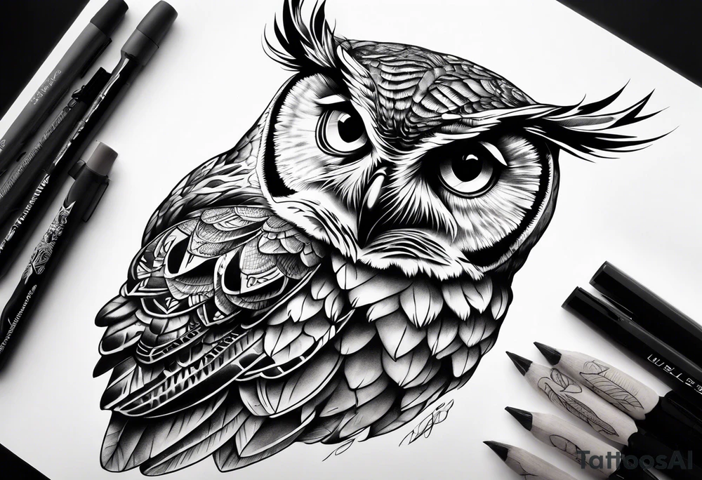 An owl with Dead head moth wings tattoo idea
