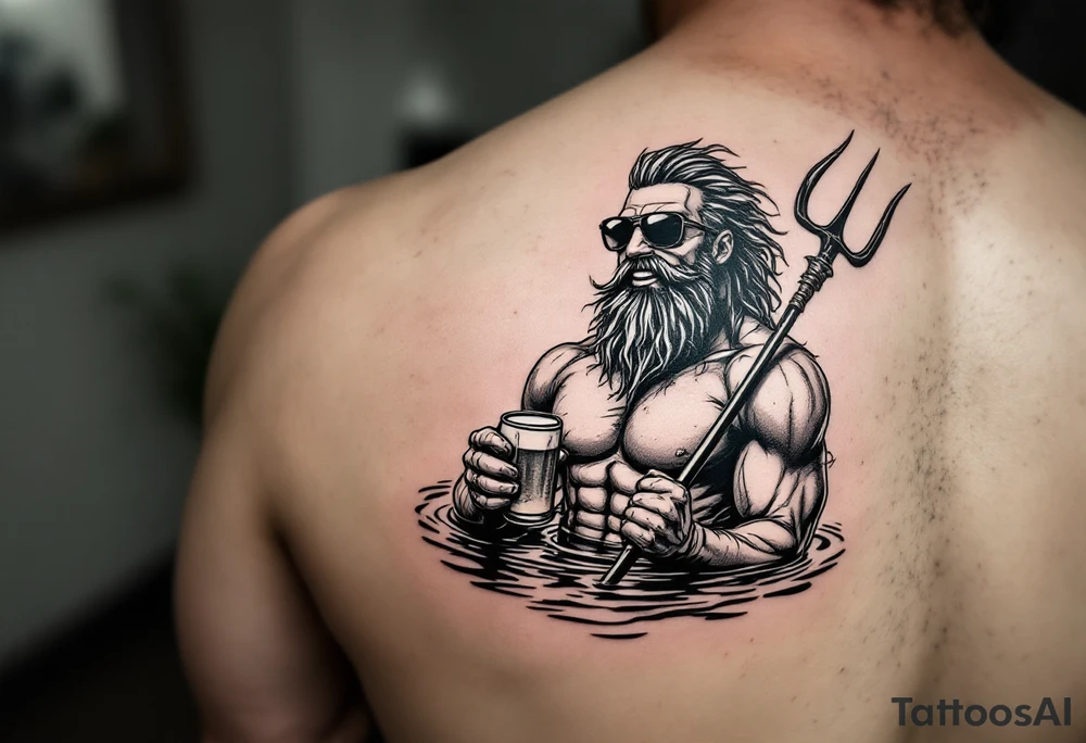 smiling, fit poseidon, with a trident, in calm water, holding a beer, with sunglasses tattoo idea