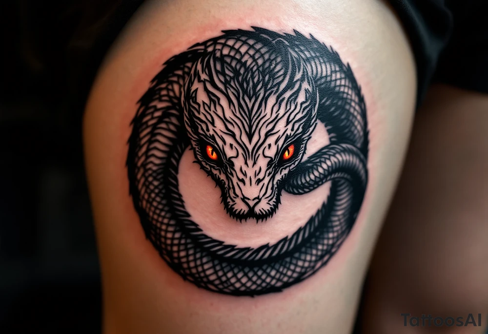 A circle created by a coiled black snake with red eyes, forming an ouroboros. tattoo idea