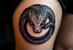 A circle created by a coiled black snake with red eyes, forming an ouroboros. tattoo idea