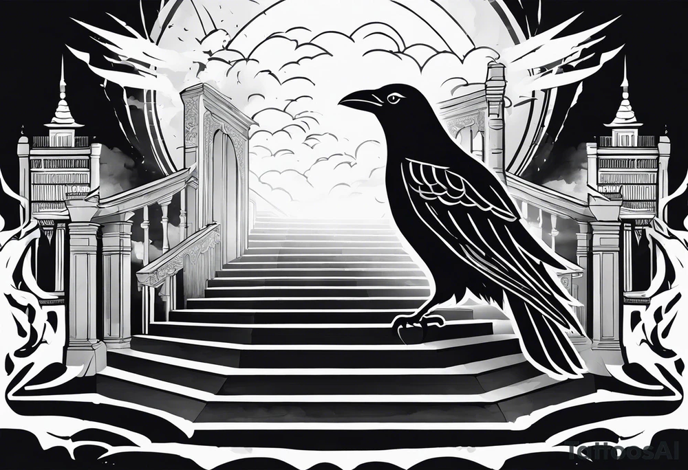 Valhalla  fog stairs mist raven tattoo idea