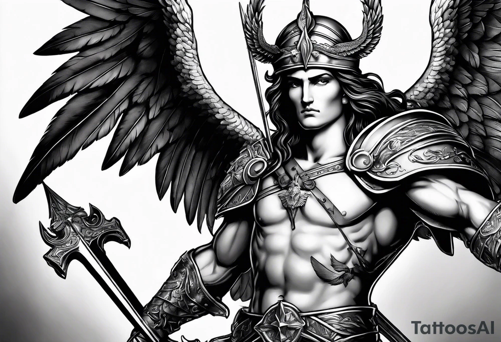 Arm sleeve of St Michael killing the devil with a spear tattoo idea