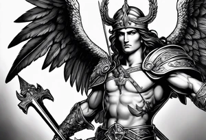Arm sleeve of St Michael killing the devil with a spear tattoo idea