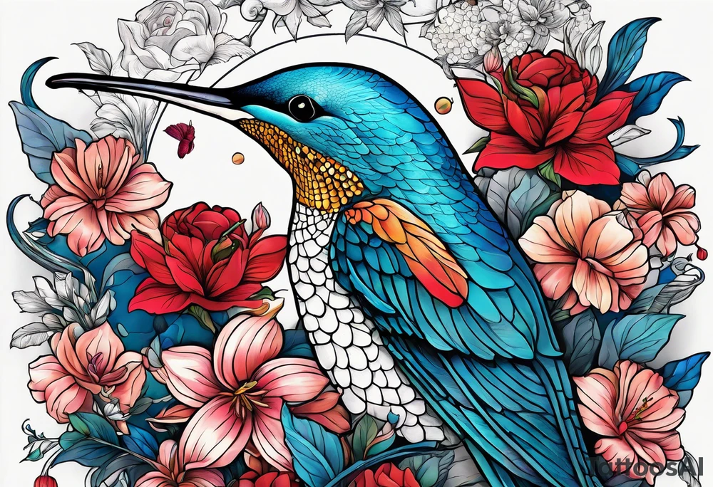 flowers, bold color, collage, blue whale, hummingbird tattoo idea