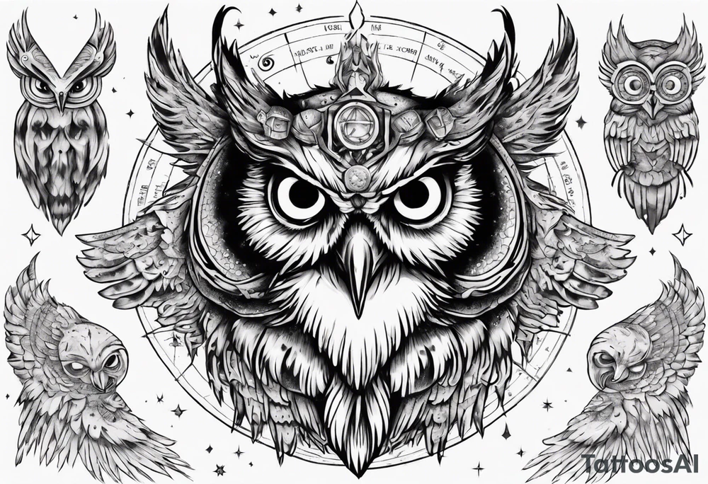 Demon crowned Owl surrounded by cosmic magic  astrology. tattoo idea