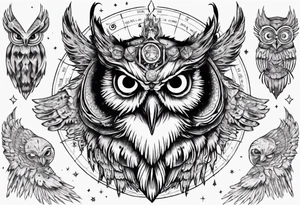 Demon crowned Owl surrounded by cosmic magic  astrology. tattoo idea