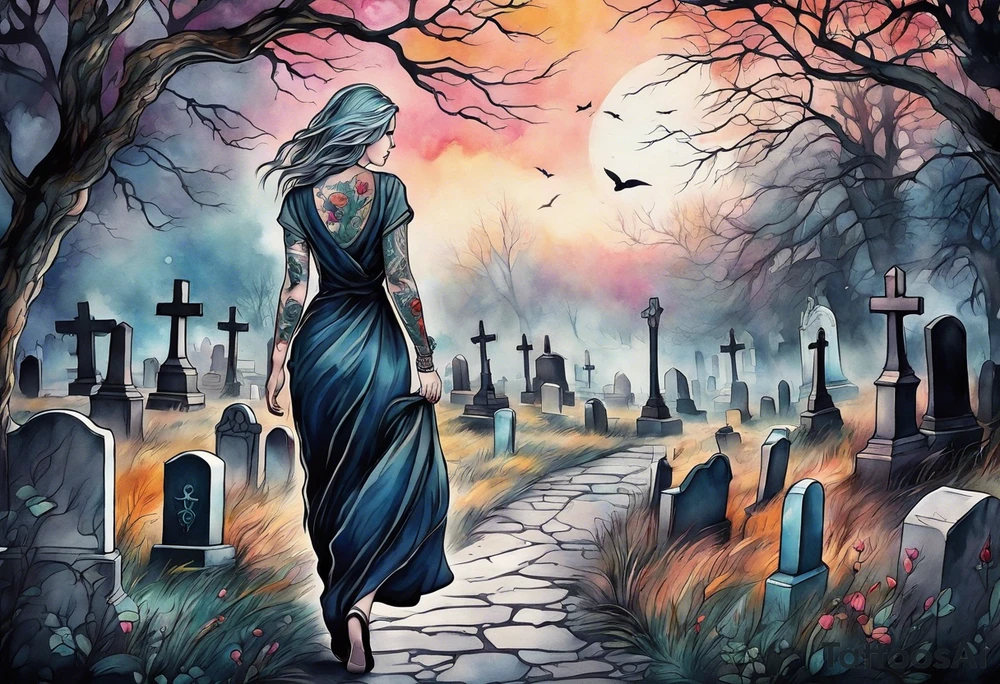 Woman walking out of a graveyard  leaving her old terrifying past behind her ethereal and mysterious tattoo idea