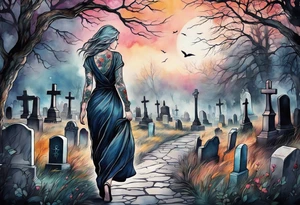 Woman walking out of a graveyard  leaving her old terrifying past behind her ethereal and mysterious tattoo idea