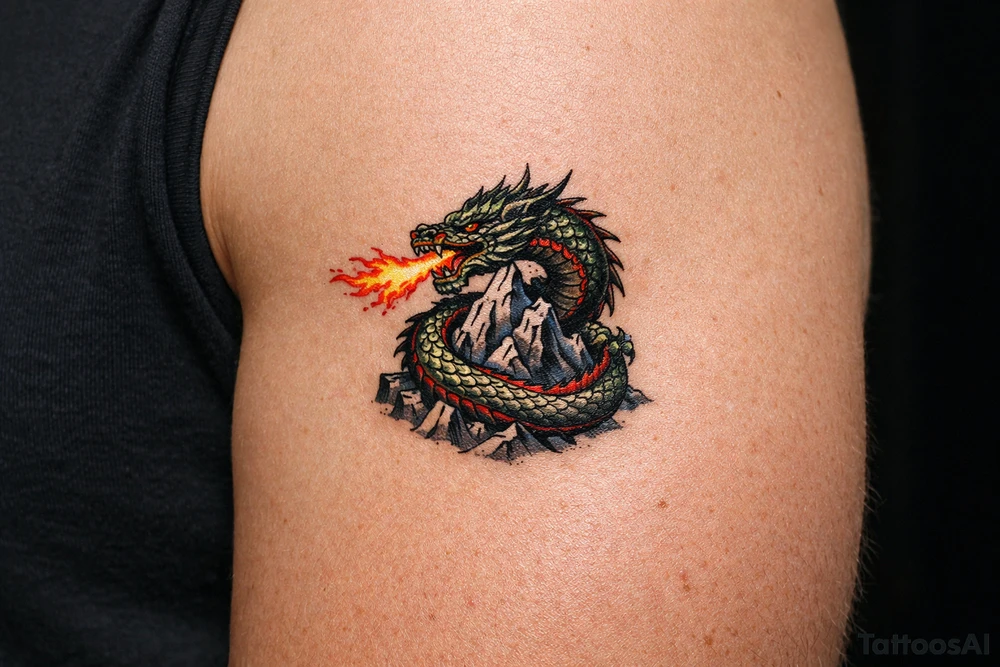 A fierce dragon coiled around a mountain peak, scales detailed, fire breath erupting. tattoo idea
