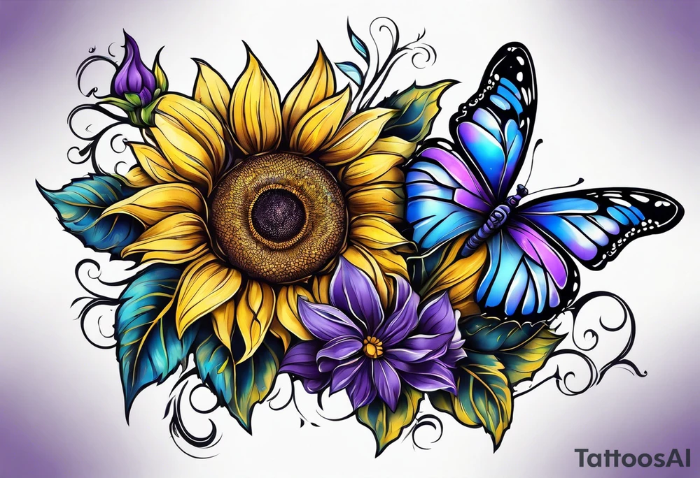 Purple, yellow and blue sunflowers with a butterfly leg sleeve tattoo idea