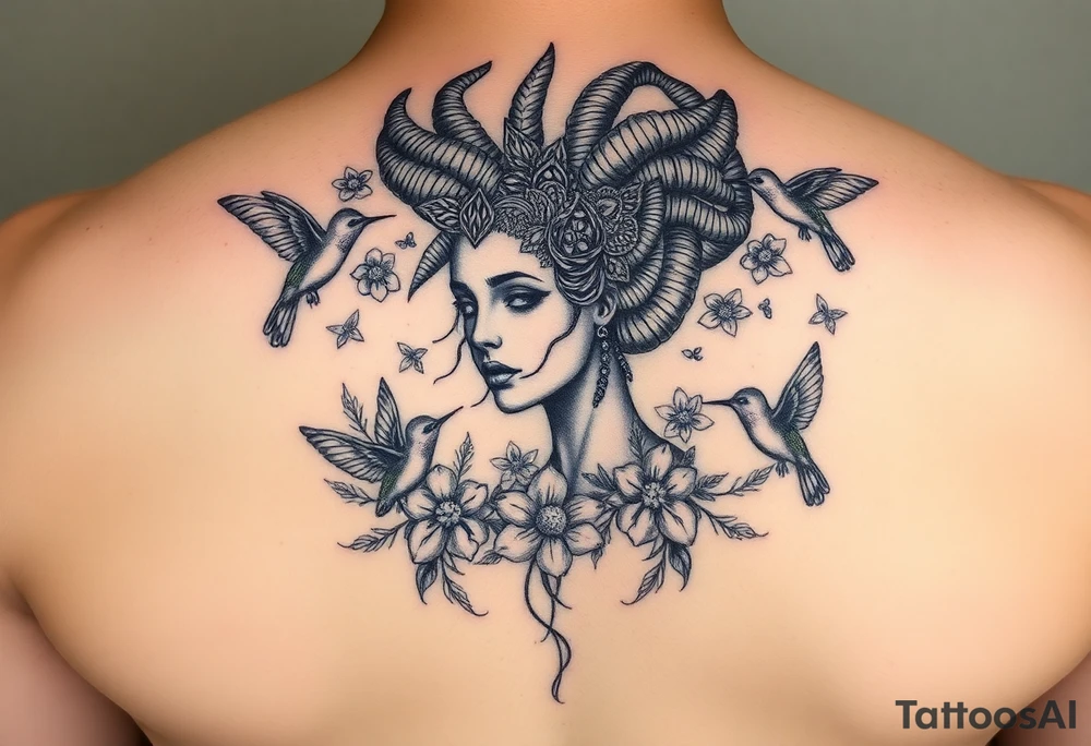 feminine medusa surrounded by hummingbirds and flowers tattoo idea