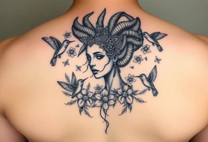 feminine medusa surrounded by hummingbirds and flowers tattoo idea