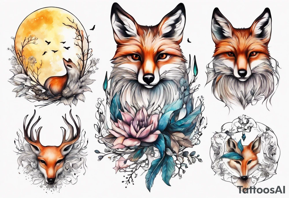wasser sonne und mond fuchs eule kolibri wald hirsch blume des lebens tattoo idea