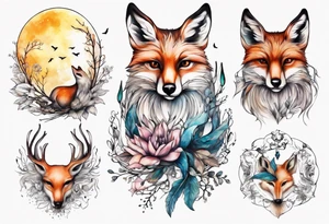 wasser sonne und mond fuchs eule kolibri wald hirsch blume des lebens tattoo idea