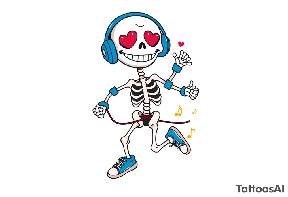 smiley skeleton with red love shape in his eyes jumping on a jump rope with blue headphones and blue armbands and blue sneakers with colorful music notes around his head tattoo idea