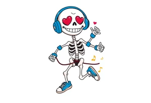 smiley skeleton with red love shape in his eyes jumping on a jump rope with blue headphones and blue armbands and blue sneakers with colorful music notes around his head tattoo idea
