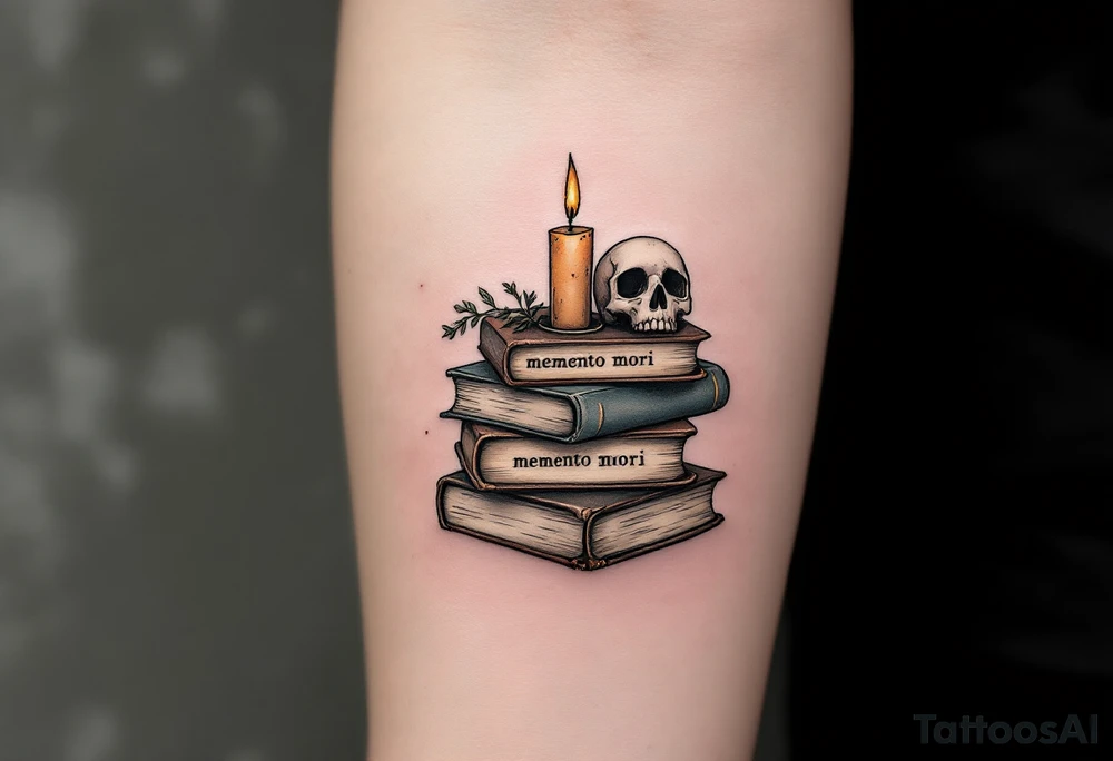 A pile of old books in dusty browns and grays, topped with a candle and skull, "memento mori" inked across the spines. tattoo idea