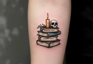 A pile of old books in dusty browns and grays, topped with a candle and skull, "memento mori" inked across the spines. tattoo idea
