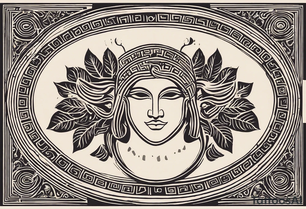 "Craft a minimalist tattoo design in the style of ancient Greek art, featuring Dionysus with his affection for theater. Depict Dionysus in a simplified yet elegant form, reminiscent of classical Greek sculpture, holding a theatrical mask and a goblet of wine. Surround him with subtle geometric patterns or motifs inspired by ancient Greek pottery, such as meanders or key patterns. Ensure the design maintains a minimalist aesthetic while incorporating elements that evoke the sophistication and timelessness of Greek art, capturing Dionysus's connection to both wine and theater in a visually striking manner." tattoo idea