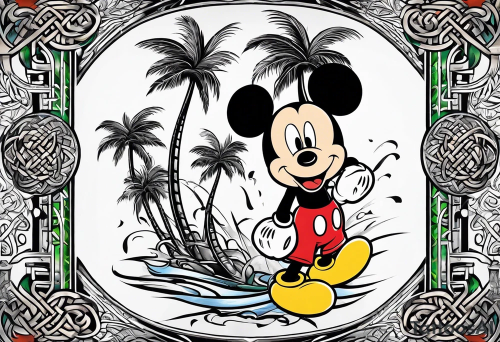 martial arts, palm trees, mickey mouse and the celtic symbol for family tattoo idea