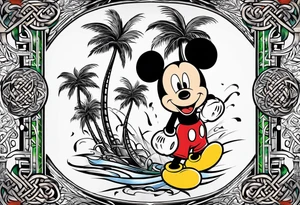 martial arts, palm trees, mickey mouse and the celtic symbol for family tattoo idea