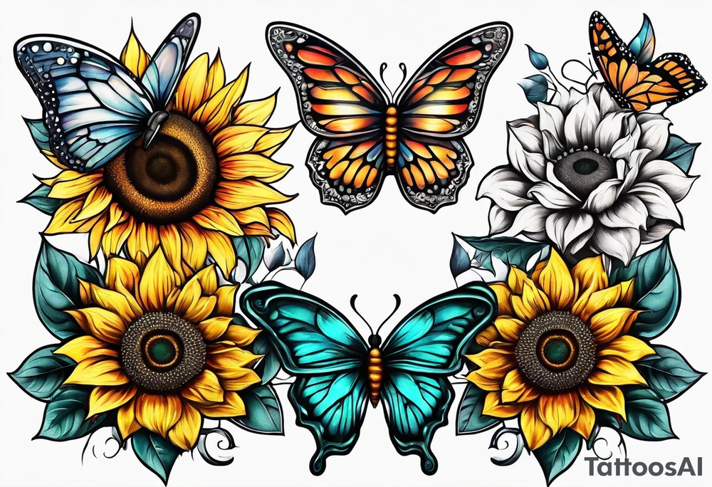 Half butterfly half sunflower tattoo idea
