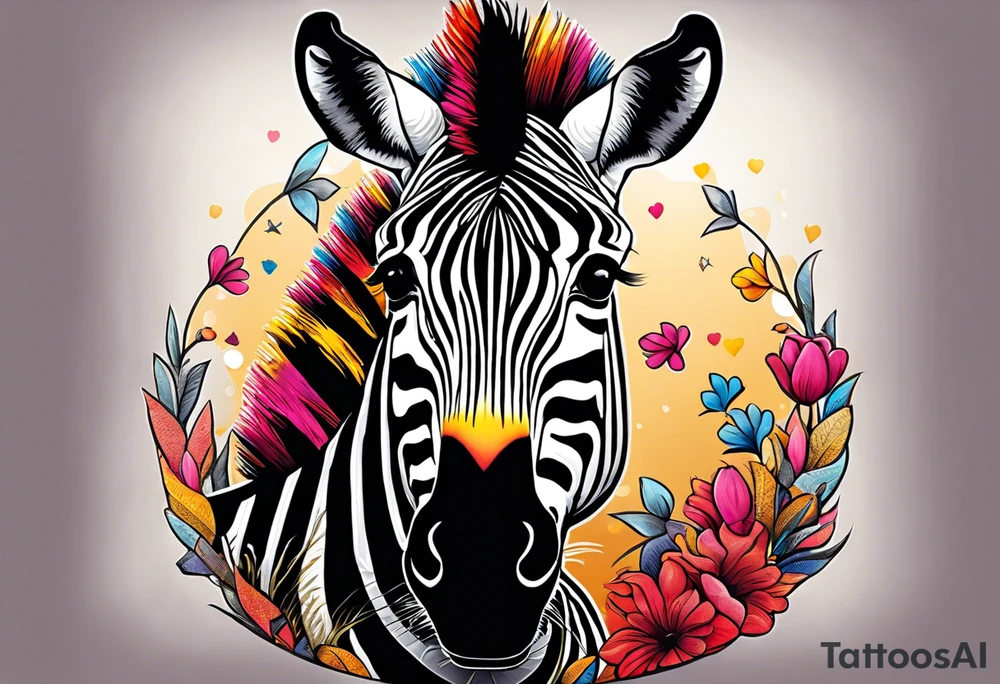 Portrait of a zebra wearing regal clothing, vintage looking, but its main is coloured brightly the same as autism awareness. I want the zebra too almost look human and to be bursting out of a jigsaw piece tattoo idea