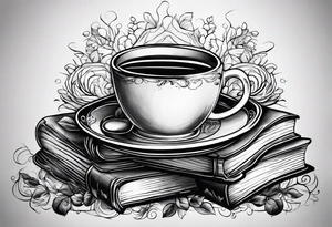 4 stacked books with a cup of coffee on top tattoo idea