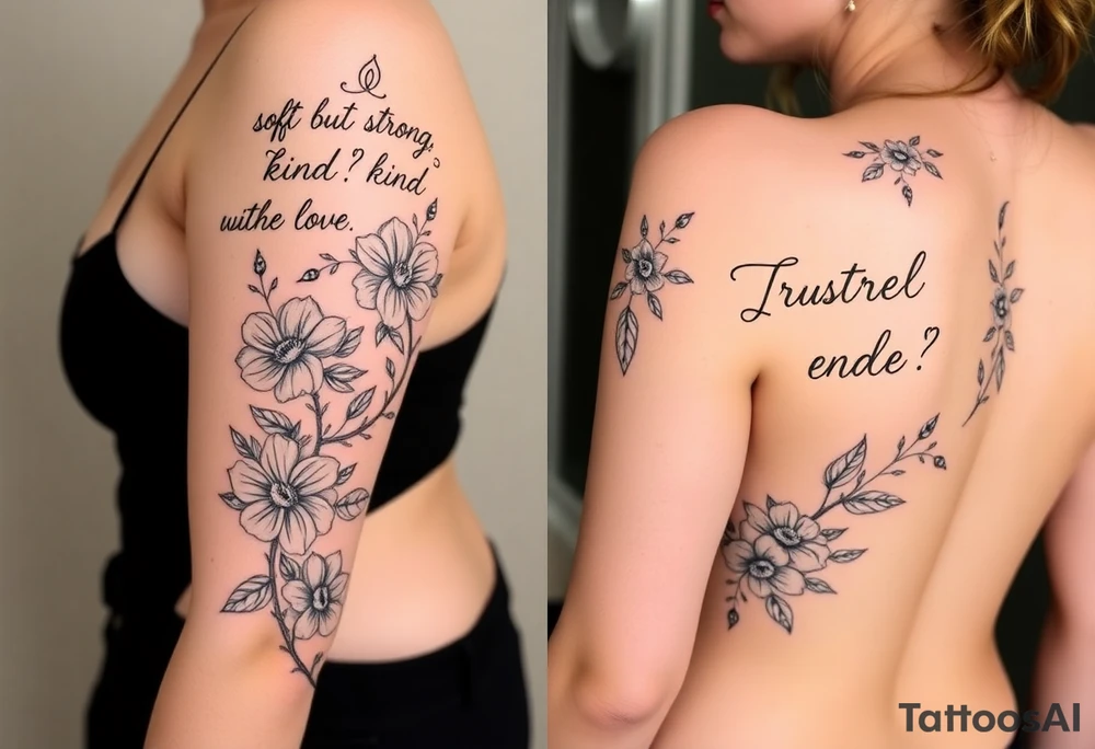 🌿


They are all connected 
 Right Arm Sleeve
	•	Top shoulder: “Soft but strong, kind but powerful.”
→ Wrapped with light olive vines
	•	Mid-arm: Peonies, lilies, tulips (your favorites)
→ Optional red ink in petal accents
	•	Lower arm/wrist: Vine wrap
→ Script: “Trust God”
	•	Style: Light, flowing, fine-line — NOT bold or filled-in

⸻

🌸 Spine Tattoo & Flow
	•	Already present floral spine tattoo
	•	New elements will connect from your sleeve, flow down from the right shoulder, lightly wrapping into your back
	•	Inspired by the reference with floral script diagonally across the spine
	•	Optional soft red ink details to enhance movement

⸻

🍑 Left Thigh + Butt
	•	Quote: “A garden of her own”
→ Placed on side of butt, flowing from lower back
	•	Floral extension down the thigh — tulips/peonies
	•	Minimal, romantic, fine-line

⸻ tattoo idea