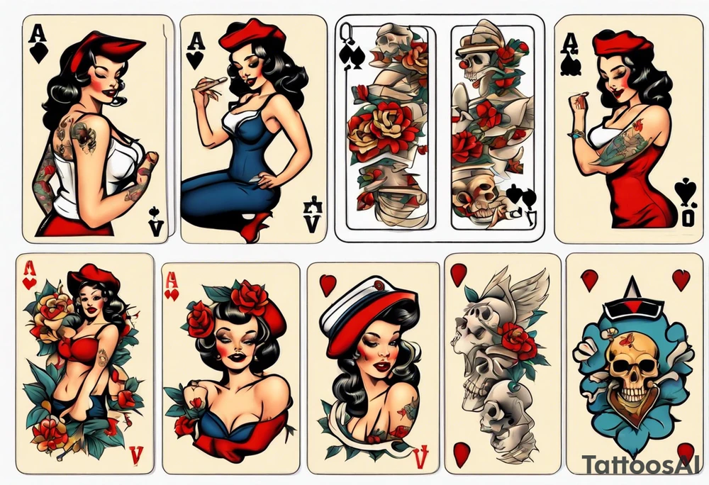 traditional pin up girl, playing cards, skulls, flowers tattoo idea