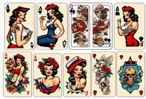 traditional pin up girl, playing cards, skulls, flowers tattoo idea