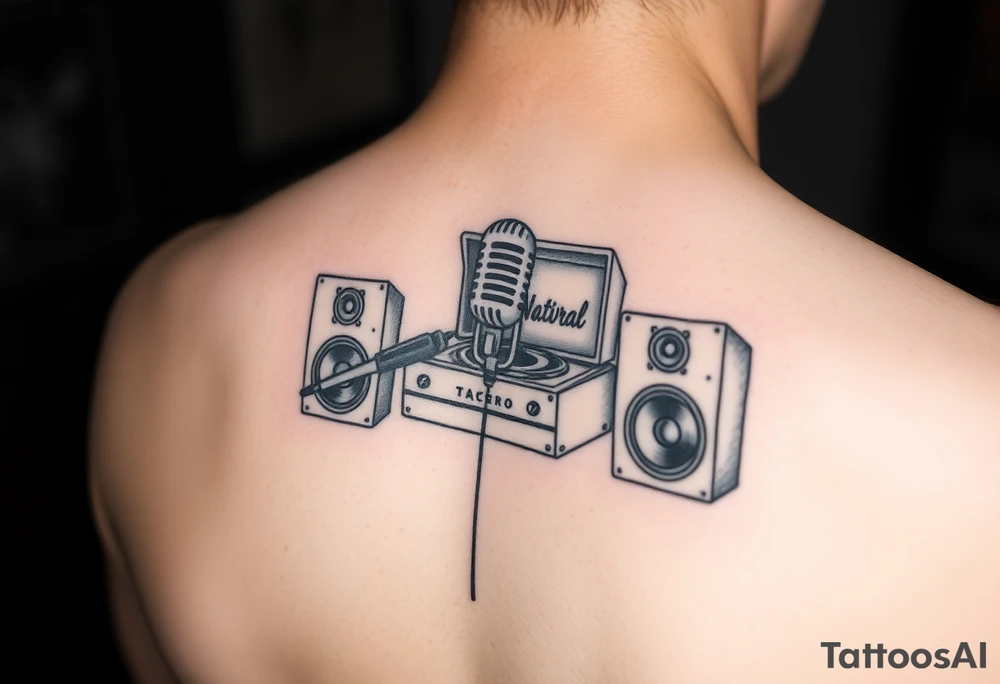 natural born talent written with a microphone and speakers with an old record player tattoo idea