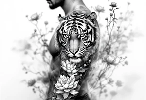 fierce tiger emerging through blooming lotus flowers in mist tattoo idea