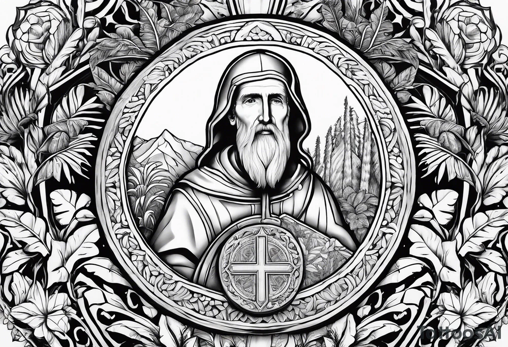 the medal of saint benedict with jungle plants surrounding it tattoo idea