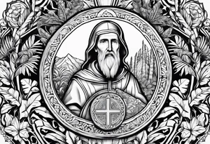 the medal of saint benedict with jungle plants surrounding it tattoo idea