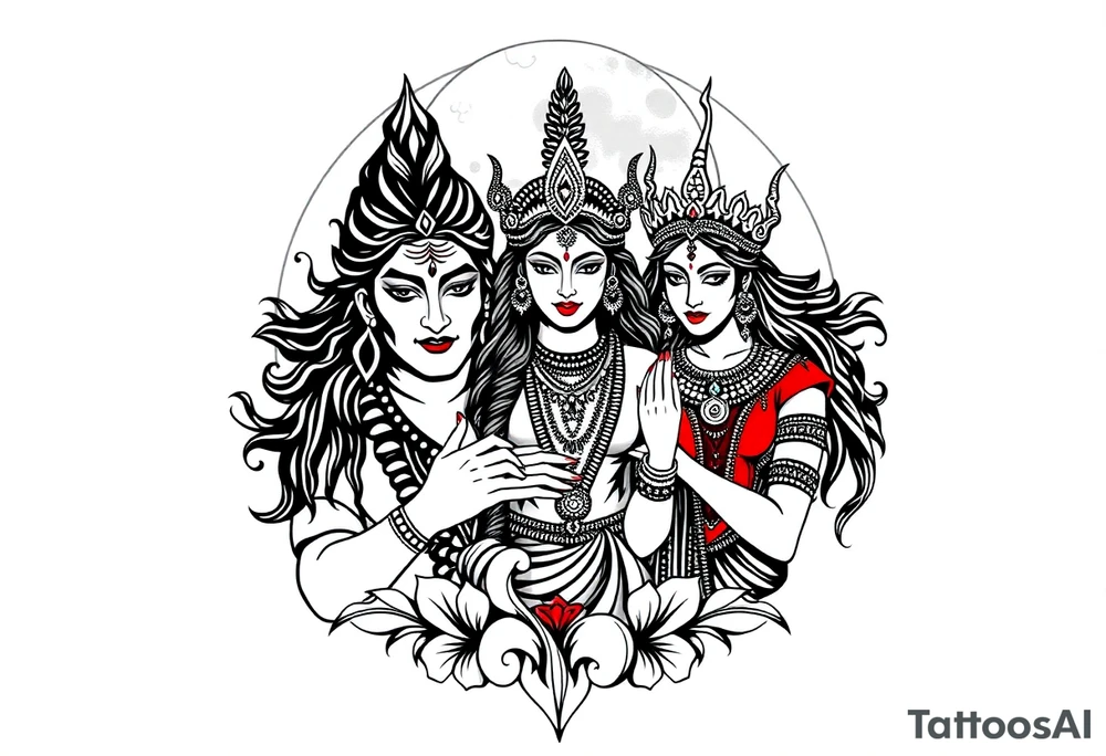 Lord Shiva, Godess Kali, Godess Lilith Together with the moon in the background tattoo idea
