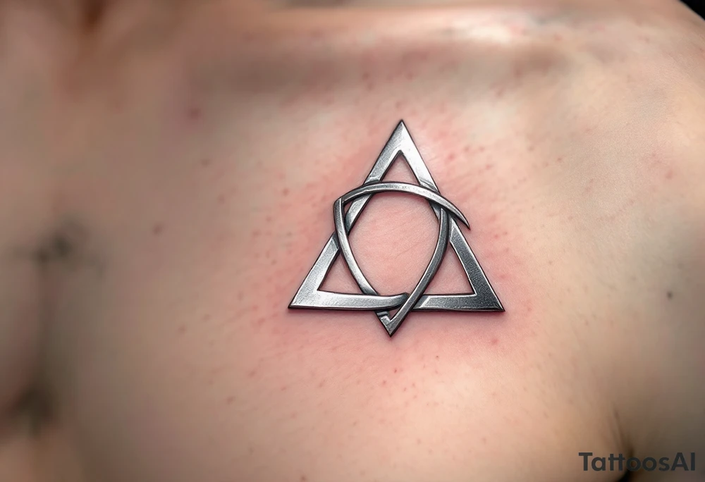 A silver metallic triquetra with a reflective shine, giving it a mystical and elegant appearance. tattoo idea