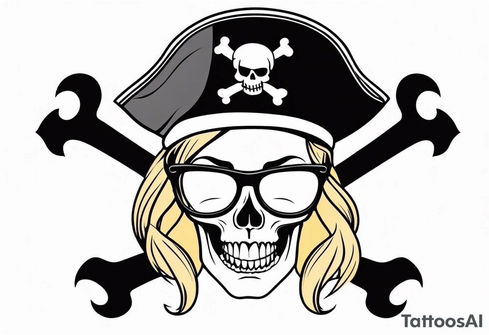 pirate flag with a female skull with two blonde buns and crossbones underneath, wearing glasses. no hat tattoo idea