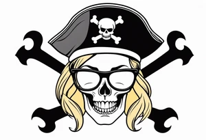 pirate flag with a female skull with two blonde buns and crossbones underneath, wearing glasses. no hat tattoo idea