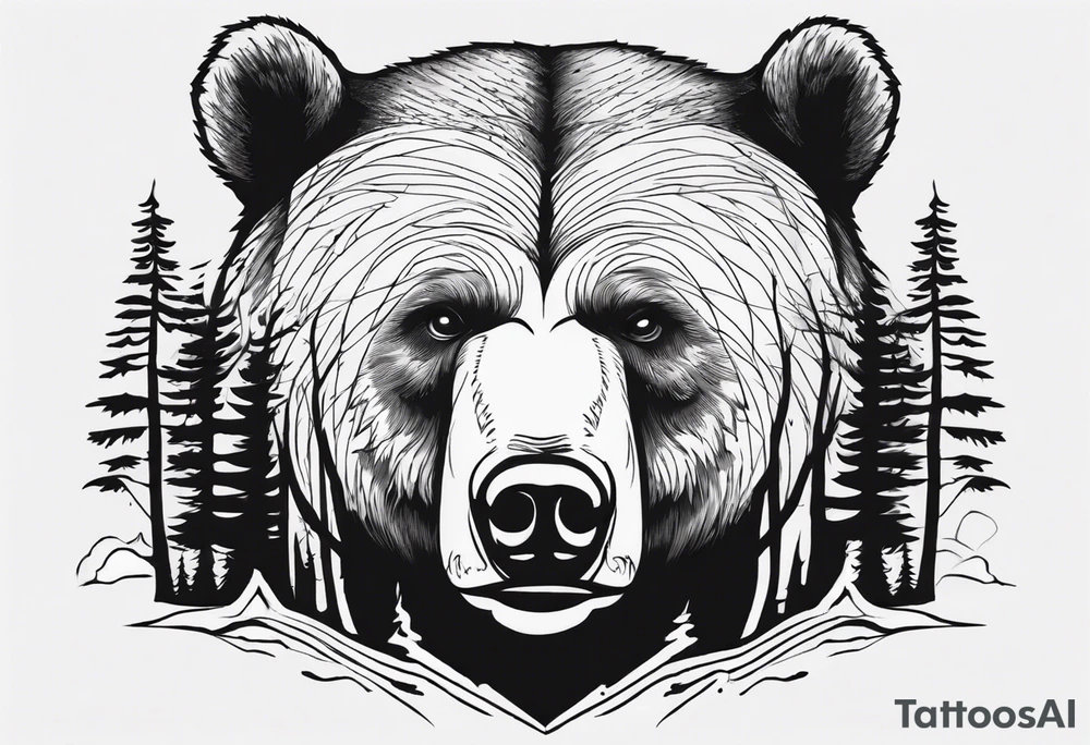 bear head right above the forest line with a lake below, full arm sleeve tattoo tattoo idea