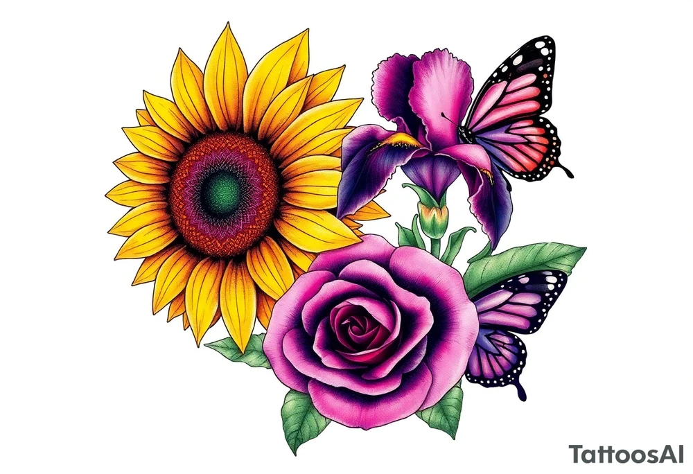 Sunflower, iris and a Rose with purple butterflies on side tattoo idea