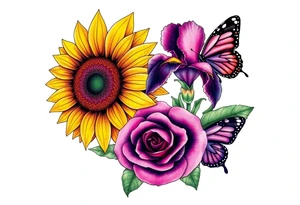Sunflower, iris and a Rose with purple butterflies on side tattoo idea