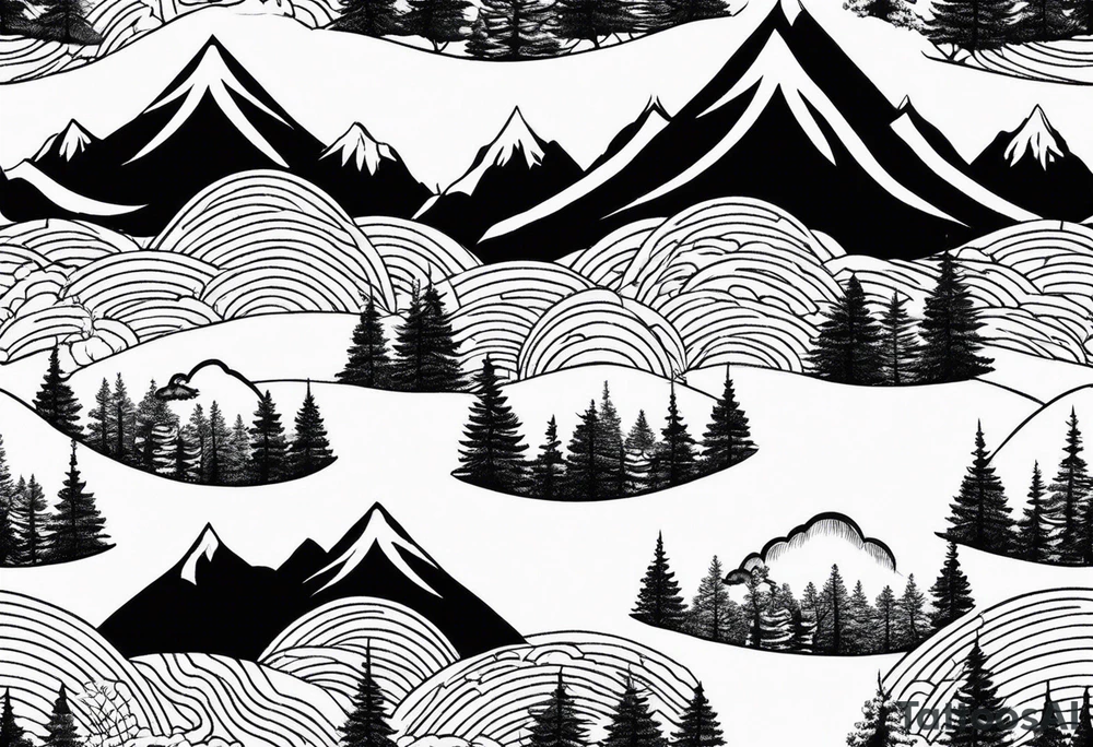 small circle shape trees mountain tattoo idea