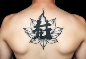 neo-traditional burning letter, lotus background, black and grey shading tattoo idea