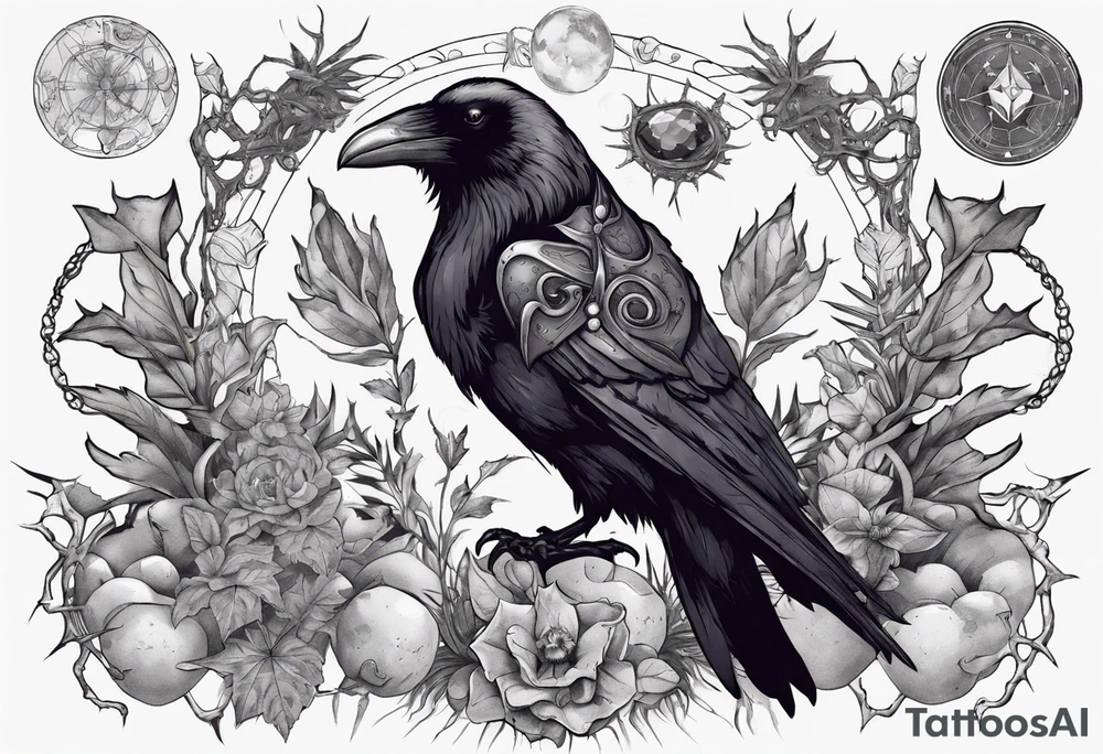 Demon Raven surrounded gems poisonous plants and astrology. tattoo idea