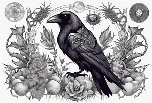 Demon Raven surrounded gems poisonous plants and astrology. tattoo idea
