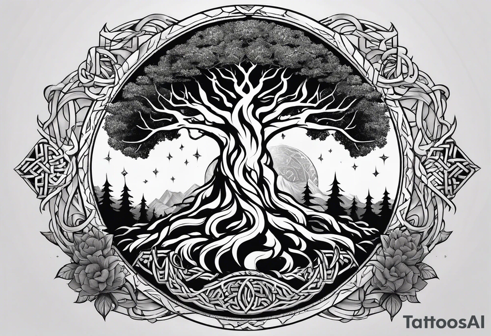 Yggdrasil and a long sword underneath surrounded by Nordic runes tattoo idea