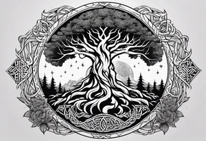 Yggdrasil and a long sword underneath surrounded by Nordic runes tattoo idea